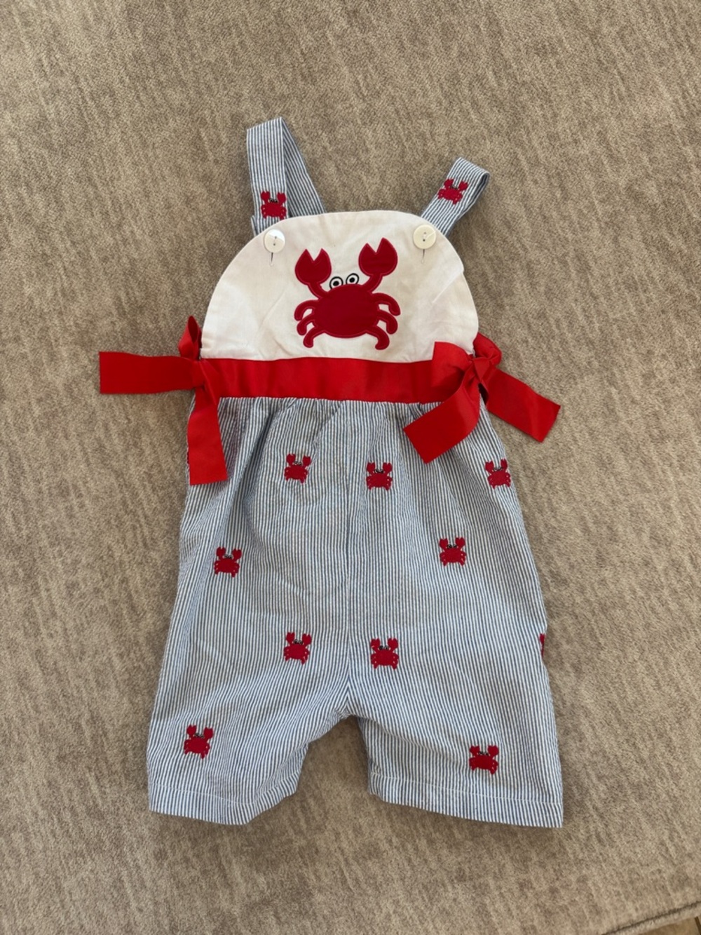 Red Crab Embroidered Blue-Striped Kids Overalls